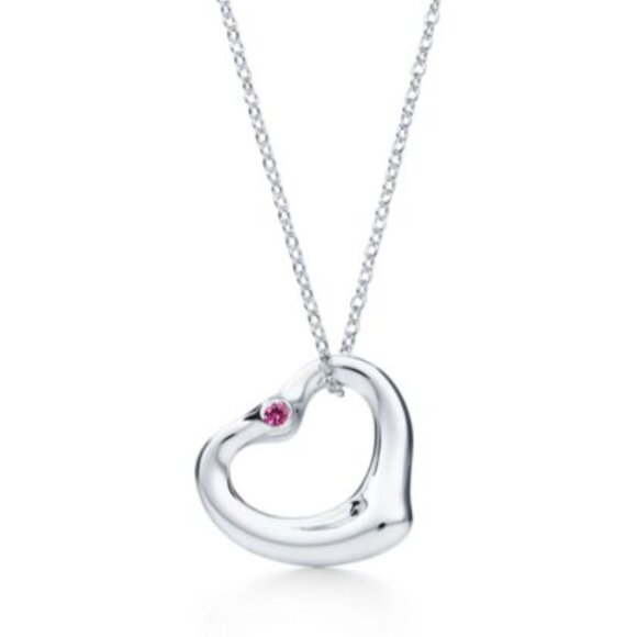 Tiffany & Co. Pink Sapphire Necklace Elsa Peretti Open Heart Pendant 16mm in Sil - Picture 2 of 6